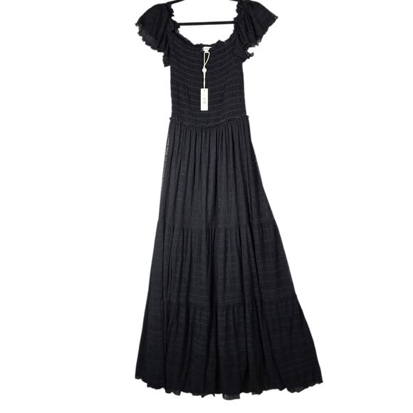 Max Studio Dresses & Skirts - Max Studio Black Smocked Maxi Dress XS Flutter Sleeve Tiered Boho Whimsigoth